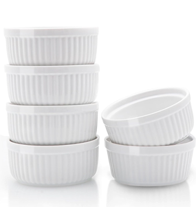 lot 4464 image: Nuwave Ceramic Ramekins 8 oz, Set of 6, Elegant Classic Style for Baking Souffles, Creme Brul�es, Custards, Puddings, 4.3 Wide & 2 Tall, Microwave, Oven & Dishwasher-Safe, Ivory White (6) - Retail $0