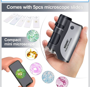 lot 4480 image: BEBANG Pocket Microscope,60X-120X Handheld Mini Microscope for Kids with LED Lighted Zoom, Portable Microscope Kits with 5 Pcs Slides for Adults Microbiological Observation Preschool Home Study Gifts - Retail $0