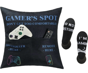 lot 4484 image: FUTEI GamerSpot Throw Pillow Covers 18x18 Inch Set of 1 Christmas Holiday Home Decor for Couch Bed Living Room (Comes with 1 Pack Standard Size Black Game Socks) - Retail $0