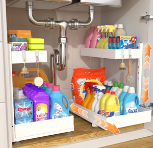 lot 4496 image: TATAANTY Under Sink Organizer 2 Pack, 2 Tier Metal Under the Sink Storage, Heavy Duty Slide out Pull out Cabinet Organizer, Height Adjustable for for Kitchen Bathroom Pantry Closet Organization Rack - Retail $0
