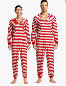 lot 4502 image: Xaatren Couples Matching Christmas Pajamas Sets Striped Family Jumpsuit Hooded Long Sleeve Large - Retail $0