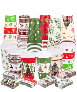 lot 4529 image: 48 Pcs Merry Christmas Disposable Cups with Lids and Sleeves, To Go Coffee Cups 16 oz, 6 Designs Holiday Paper Cups for Hot Chocolate Coffee Cold Beverage Xmas Winter Holiday Party Supplies - Retail $0