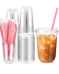 lot 4531 image: 50 Sets Clear Plastic Cups with Heart Shaped Pink Straws and Strawless Lids Disposable Round Bottom PET Cups for Iced Coffee Cold Beverage Party Wedding Bridal Shower (Clear,16 oz) - Retail $0