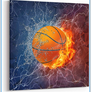 lot 4535 image: Basketball Canvas Wall Art - Fire and Water Sports Print for Boys Room Decor - Cool Abstract Framed Poster for Teen Bedroom Dorm Man Cave Gift 12x12 Inch - Retail $0