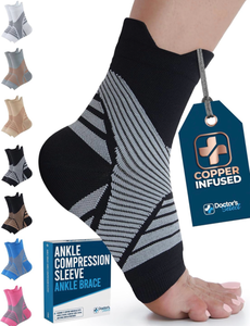 lot 4549 image: Doctors Select Copper Ankle Sleeve - Copper Ankle Braces for Men, Ankle Support Foot Brace, Toeless Compression Socks, Black - Retail $0