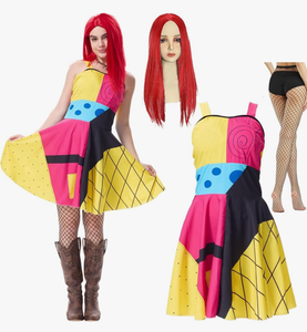 lot 4551 image: Sally Costume Women 3PCS Nightmare Cosplay Dress with Red Wig Fishnet Stockings for Halloween - Retail $0