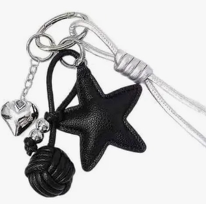 lot 4561 image: Y2K Star Keychain Leather Bag Charm with Heart Tassel, Cute Aesthetic Key Ring, Backpacks Purse Charms Gifts (Leather Black) - Retail $0