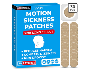 lot 4572 image: VIORY Motion Sickness Patches for Car and Boat Rides, Ships, Cruise and Airplane & Other Forms of Transport - Travel Essentials, for Adults and Kids (30 Count) - Retail $0