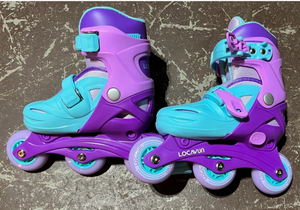 lot 4576 image: LOCAVUN Adjustable Light up Inline Skates for Kids, Hard Shell Fitness Skates for Girls and Boys (Purple, Small - (US 9C-12C)) - Retail $0