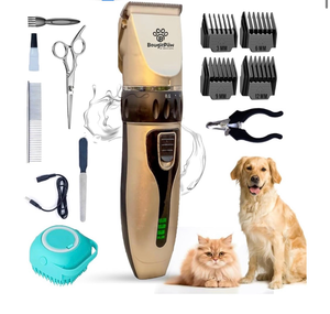 lot 4590 image: Grooming Kit for Dogs at Home - Rechargeable Low Noise Cat and Dog Shavers & Clippers for Grooming Thick Hair - Cordless Grooming Clippers Includes Pet Hair Clippers, Nail Trimmer, Shears & Bath Brush - Retail $0