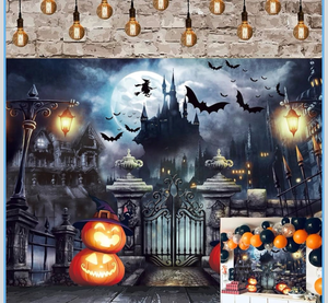 lot 4597 image: Photography Backdrop Horror Moon Pumpkin Lantern Castle Gate Bats Cemetery Background Haunted House Kids Adults Halloween Night Party Supplies Decorations 7x5FT - Retail $0