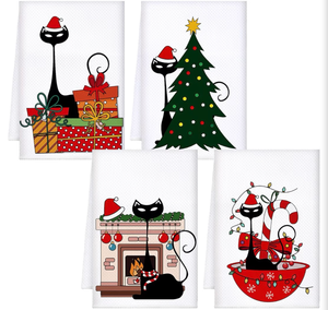 lot 4599 image: Tudomro 4 Pcs Christmas Black Cat Kitchen Towels 16 x 24 Retro Mid Century Modern Waffle Cat Funny Hand Towels Soft Absorbent Christmas Decorative Farmhouse Decor for Home Bathroom Kitchen Gifts - Retail $0