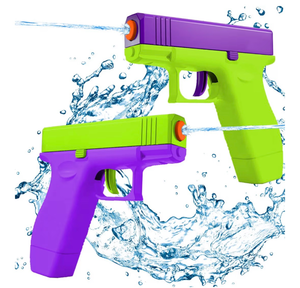 lot 4603 image: generic 2 Pack Water Guns Squirt Guns Water Soaker Gun Water Blaster for Summer Long Range Shooting Games Outdoor Toys Water Blaster Pistol for Kids Adults, Green and Purple - Retail $0
