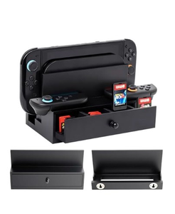 lot 4604 image: Lodaxu Wooden Wall Mount for Nintendo Switch 2SwitchOLED and Dock, Drawer-Style 12 Game Card Holder Bracket, Multifunctional Stand for Switch 2 Accessories, Game Console Organizer Near TV - Retail $0