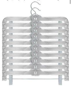 lot 4624 image: Clear Plastic Skirt & Pants Hangers 20 Pack, Clips Hanger for Pants, with Strong Metal Clips, Skirts, Trunks, Acrylic Hangers, Heavy Duty Vics 5131 Apparael Store Hangers - Retail $0