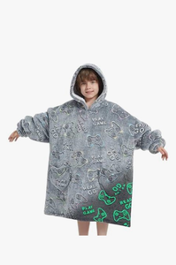 lot 4625 image: OLAOLA Wearable Blanket Hoodie, Oversized Soft Cozy Sherpa Hooded Blanket Kids, Plush Game Controller Blanket Sweatshirt with Eye Mask and Giant Pocket for Girls Boys - Retail $0