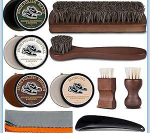lot 4628 image: 12Pcs Polish Kit for Men & Women - 4 Various Brushes, Black Brown Neutral Mink Oil with Luxurious Box for Shoes, Boots Shine Care Kit,Christmas Gifts for Dad Mom Boyfriend Husband Brother Grandpa - Retail $0