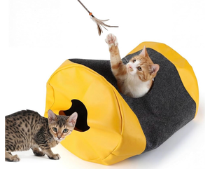 lot 4629 image: Activity Play Cat Bag, Play Mat for Cat with 4 Holes, Durable Play Rug for Cats, Collapsible Fun Interactive Training Toys Mat for Cats Diameter 16 in, Length 24 in - Retail $0