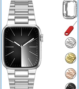 lot 4648 image: COGIFT Stainless Steel Band Compatible with Apple Watch 45mm 44mm 42mm for Men Women, Metal iWatch Band with Case for Apple Watch Series987654321SESE2 Silver - Retail $0