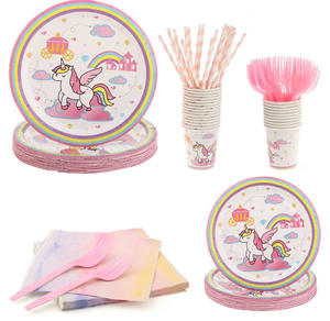 lot 4661 image: 150Pieces Cute Unicorn Party Tableware Set, Disposable Dinnerware Party Supplies Paper Plates, Cups, Napkins, Forks, Straws for Baby Shower, Birthday Party, Holiday, Family Dinners, Serve 25 - Retail $0
