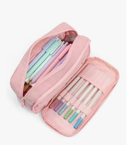 lot 4664 image: Della Gao Big Capacity Pencil Pen Case Nylon Large Pencil Pouch Simple Stationery Bag Office Organizer Pen Bag for Men Women - Pink - Retail $0
