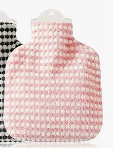 lot 4666 image: 500ML Small Hot Water Bottle with Soft Faux Fur Cover - Stripe Style Hand Warmer for Cold & Hot Compress for Women & Seniors 2-in-1 Pink Design - Retail $0