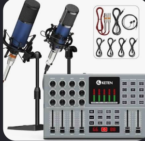 lot 4672 image: Podcast Equipment Bundle For 2, Keten Audio Interface with 48V & 3.5MM XLR Condenser Microphones for All-In-One DJ Mixer, Smartphone & PC, Perfect for Podcasting, Recording, Singing, Streaming, Gaming - Retail $0