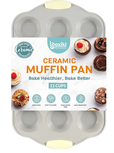 lot 4673 image: Boxiki Kitchen 12 Cups Ceramic Coated Muffin Pan for Baking - Durable Steel Frame Cupcake Pan wNonstick Surface - Professional Muffin Tray with Silicone Handles - Retail $0