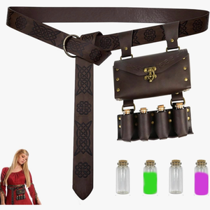 lot 4675 image: Renaissance Accessories, Medieval Faux Leather Renaissance Belt Bag, Ren Faire Accessories For Women And Men Medieval Belt Pouch With 4 Potion Bottle, Fantasy Wizard Waist Pouch Cosplay Costume - Retail $0