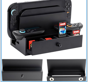 lot 4680 image: odaxu Wooden Wall Mount for Nintendo Switch 2SwitchOLED and Dock, Drawer-Style 12 Game Card Holder Bracket, Multifunctional Stand for Switch 2 Accessories, Game Console Organizer Near TV - Retail $0