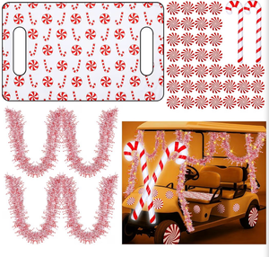 lot 4712 image: Arrowbash 16 Pcs Christmas Parade Golf Cart Decorations Kit with Light String Seat Cover Inflatable Candy Canes Lollipop Cutout 32 ft Tinsel Garland Golf Cart Parade Accessories for Xmas Holiday Party - Retail $0