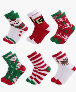 lot 4727 image: CCINEE 6 Pairs Fuzzy Christmas Socks, Fluffy Holiday Socks for Stocking Stuffers Non Slip Christmas Sleeping Socks for Women Kids Featival Gifts - Retail $0