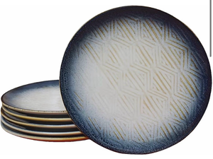 lot 4728 image: 8 Stoneware Coupe Appetizer Plates with Reactive Glaze Finish, Dishwasher Microwave Oven Safe, for Salad, Dessert, Steak, Pasta (set of 6) (8 reactive glaze plates) - Retail $0