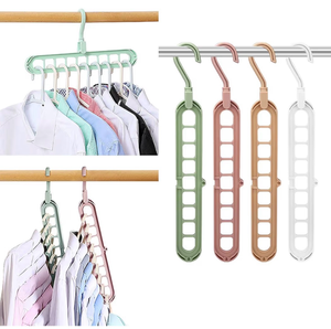 lot 4729 image: Foldable Hangers, 9-Tier Space Saving Cascading Hanger Organizer with Anti-Skid Design, Heavy Duty PP Plastic for Closet (5 Pack, Random Colors) - Retail $0
