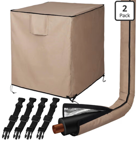 lot 4742 image: 2 Pcs Khaki 32x 30x 30 Air Conditioner Covers for Outside, Ac and HVAC Line Cover Insulation Waterproof Heavy Duty Universal Air Conditioner Covers for Winter Outdoor Unit and Copper Pipe - Retail $0
