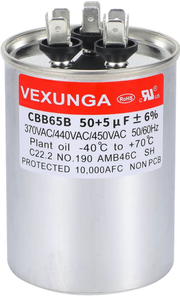 lot 4756 image: VEXUNGA 505uF AC Capacitor 50 5 uF MFD 370440450 VAC CBB65B Dual Run Start Capacitors for Air Conditioner Compacitor Motor or Compressor Fan or Condenser Straight Cool - Retail $0