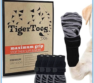lot 4769 image: DOK TigerToes Premium Non-Slip Dog Socks for Hardwood Floors - Extra-Thick Grip that Works Even When Twisted - Prevents Licking, Slipping, and Great for Dog Paw Protection - Size Large - Retail $0