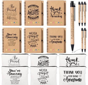 lot 4774 image: 6Set Employee Appreciation Gifts Bulk, Thank You Gift Inspirational Notebook Makeup Bag for Team Volunteer Nurse Coworker Teacher, Cosmetic Bag Notepad with Bamboo Pen Gifts Box (6, Inspirational) - Retail $0