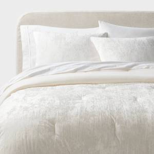 lot 1423 image: 3pc King Luxe Distressed Crinkle Velvet Comforter and Sham Set Ivory - Threshold OEKO-TEX Certified - Retail $89