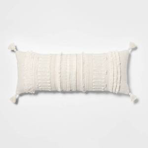 lot 1566 image: Oversized Oblong Woven Knotted Fringe Decorative Throw Pillow Natural - Threshold Cotton, Indoor Rectangle Accent Pillow - Retail $35
