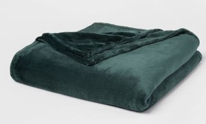lot 1441 image: FullQueen Microplush Bed Blanket Pine - Threshold Solid Green, Midweight, Modern Decor, Double-Turned Hems - Retail $40