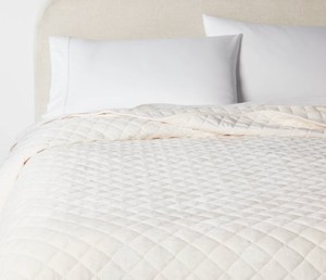 lot 1445 image: FullQueen Luxe Diamond Stitch Velvet Quilt Ivory - Threshold OEKO-TEX Certified, Machine Washable, Year-Round Comfort - Retail $69