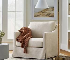 lot 1448 image: Vivian Park Upholstered Swivel Chair Cream - Threshold designed with Studio McGee Padded Armrests, No Assembly Required - Retail $420