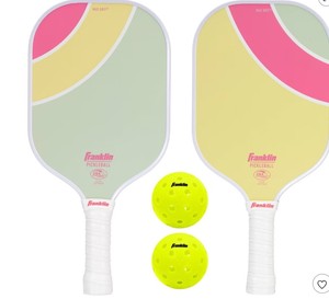 lot 1477 image: Franklin Sports 2 Player Poly Paddle with Ball Set - GreenPink Fiberglass, Traditional Frame - Retail $65