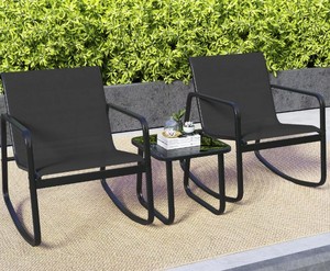 lot 1527 image: 3 Piece Patio Rocking Set 2 Rocking Bistro Chairs & Glass-Top Table for Porch - Retail $290