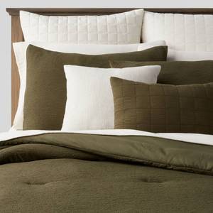 lot 1675 image: 12pc Queen Micro Texture Comforter & Sheet Bedding Set Dark Green - Threshold Polyester, OEKO-TEX Certified, Woven - Retail $119
