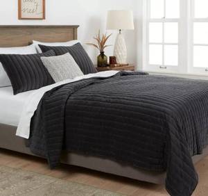 lot 1716 image: FullQueen Channel Stitch Velvet Quilt Dark Gray - Threshold Cotton Backing, Year Round Comfort, Machine Washable - Retail $109