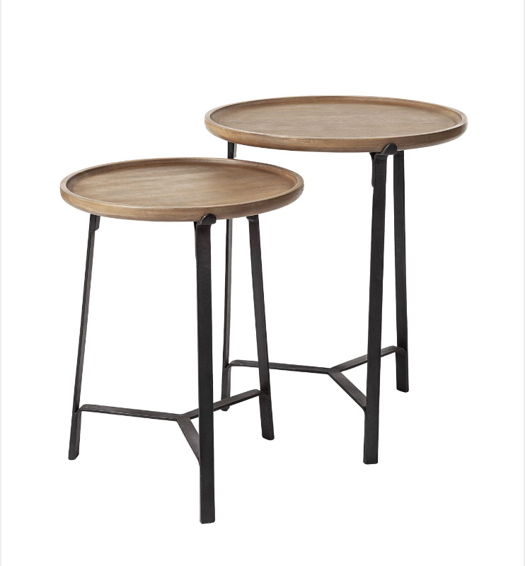 lot 5109067 image: Mercana Helios III 20L x 24H Set of 2 Round Brown Solid Wood Iron Base Nesting EndSide Tables 69014 (see photos) - Retail $529