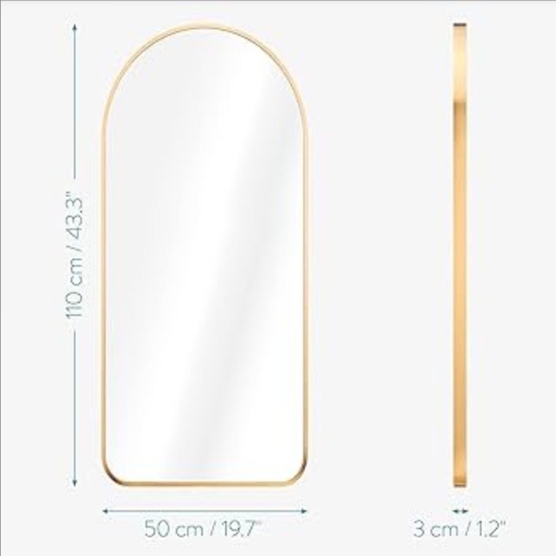 lot 5113050 image: Navaris Arched Wall Mirror - Full Length Golden Arch Framed Mirror - Wall-Mounted Mirror with Gold Aluminum Alloy Frame - 43.3 x 19.7 in (110 x 50 cm) - Retail $111