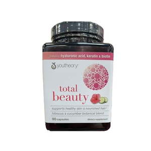 lot 12749 image: Youtheory Total Beauty Hyaluronic Acid  Keratin & Biotin  Capsules 90ct, 2 Pack, BB 82025
